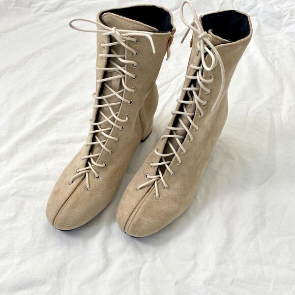 Nude Tan Faux Suede Ren Fair Witchy Pirate Wench Lace Up High Heel Boots 9 - 9.5 - Picture 2 of 8